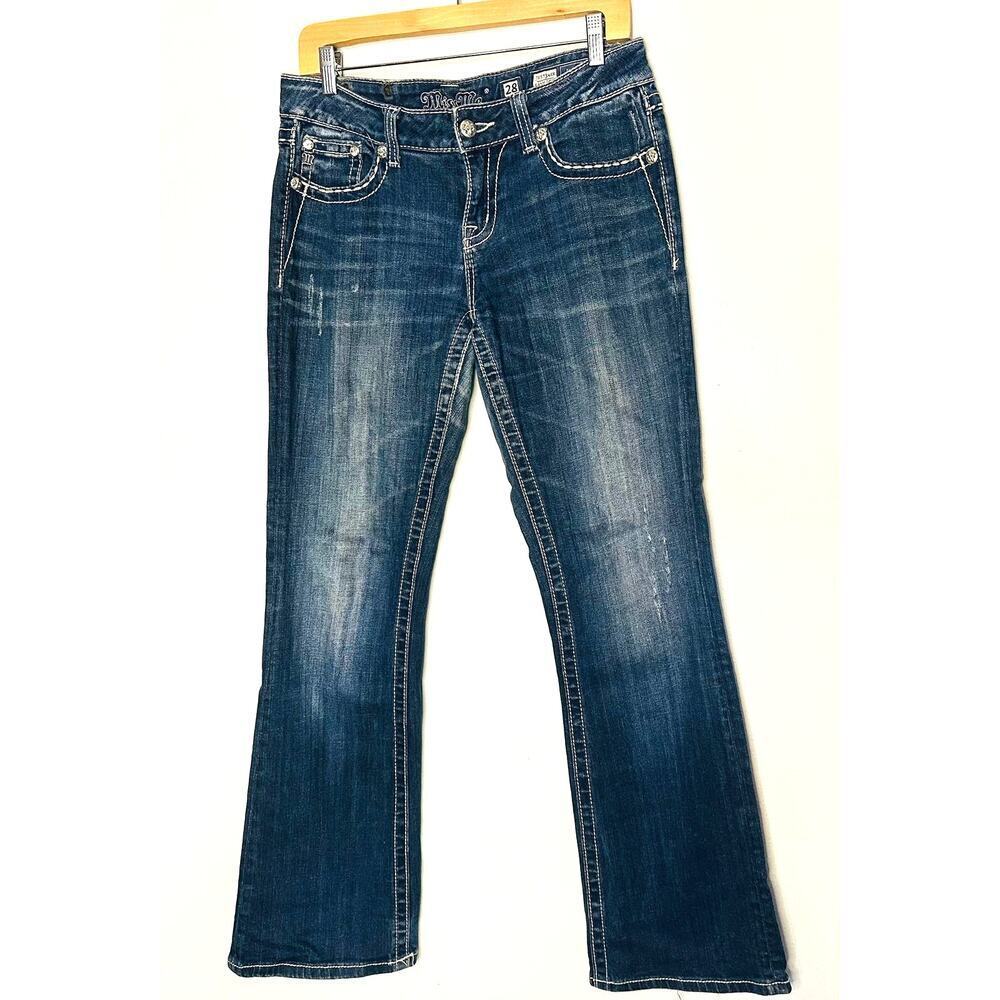 MISS ME Women’s Dark Wash Denim Easy Boot Distressed Flared Jeans Size 28